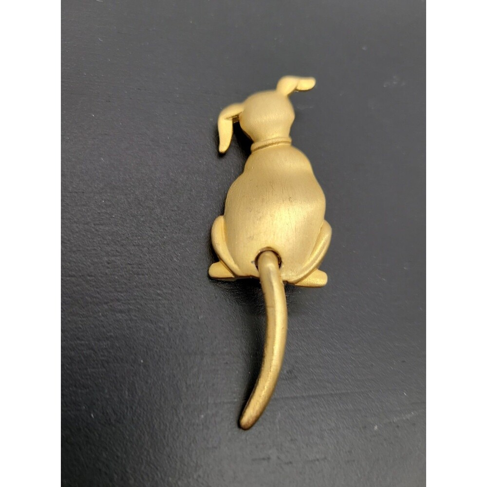 Vintage Signed JJ Sitting Dog Brooch Pin Articulated Tail Brushed Gold Tone